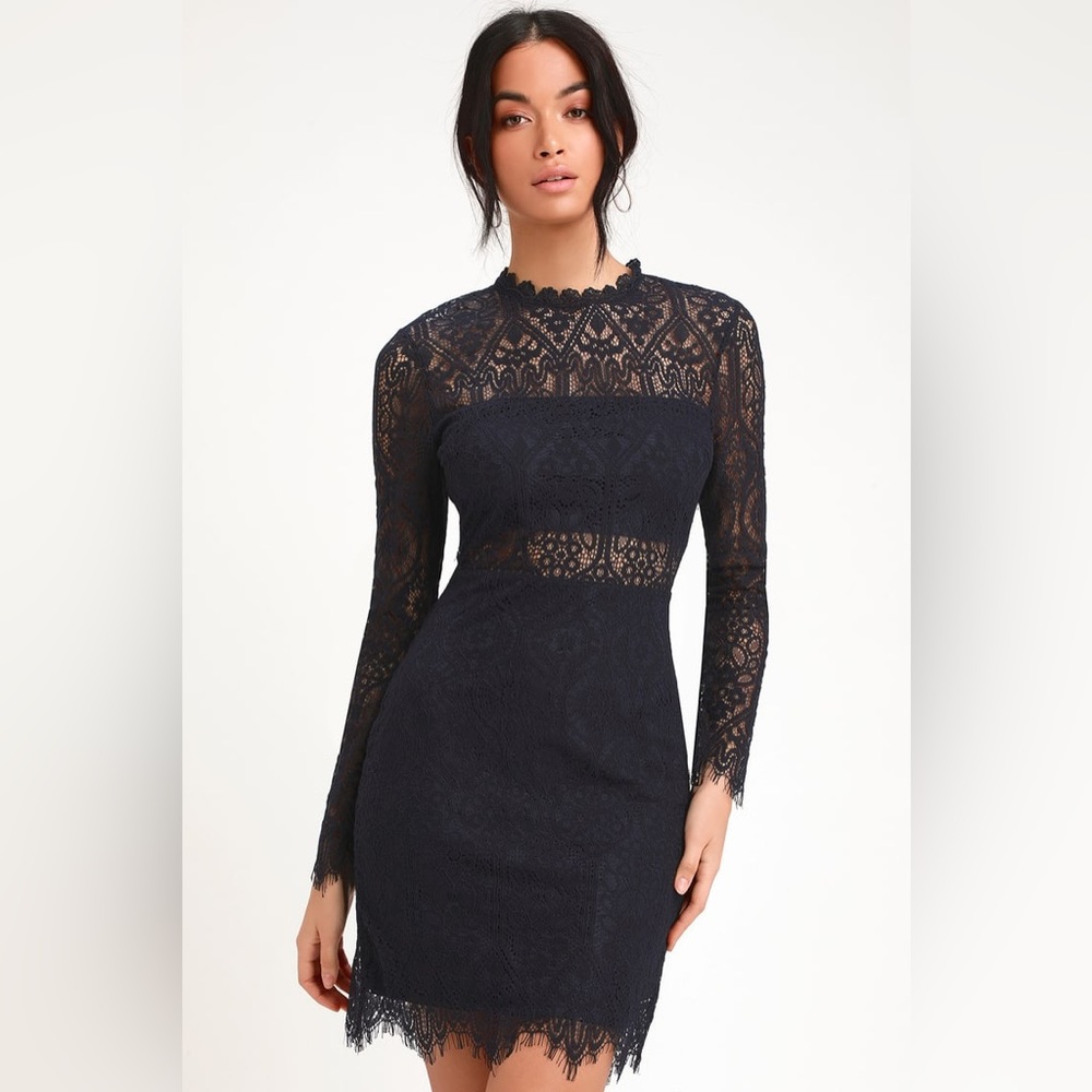 Lulus Appetite for Seduction Navy Blue Lace Long Sleeve Dress